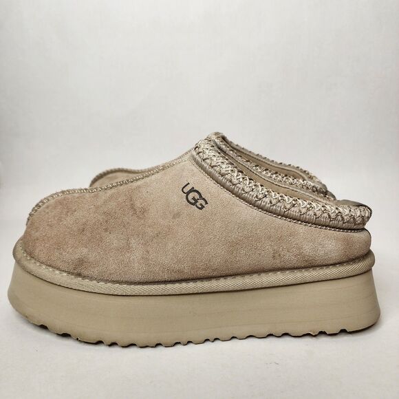 UGG Tazz Platform Slipper Clogs Womens 6 Mustard Seed 1122553 Suede Shearling - Picture 3 of 13